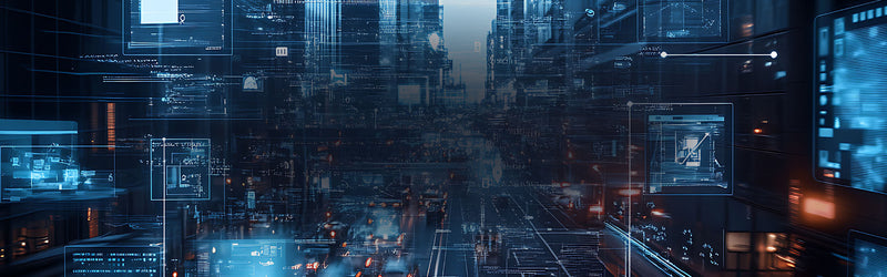 Futuristic cityscape with digital overlays and illuminated roads.